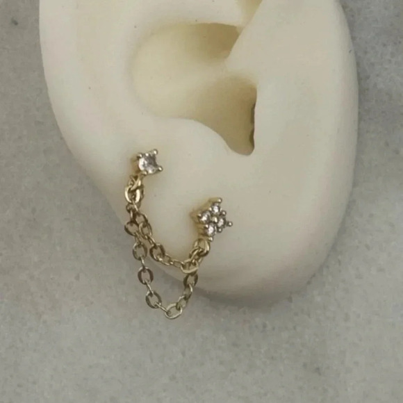 Gold Flower Crystal Double Chain Huggie Earrings 
Brand New - Picture 5 of 5